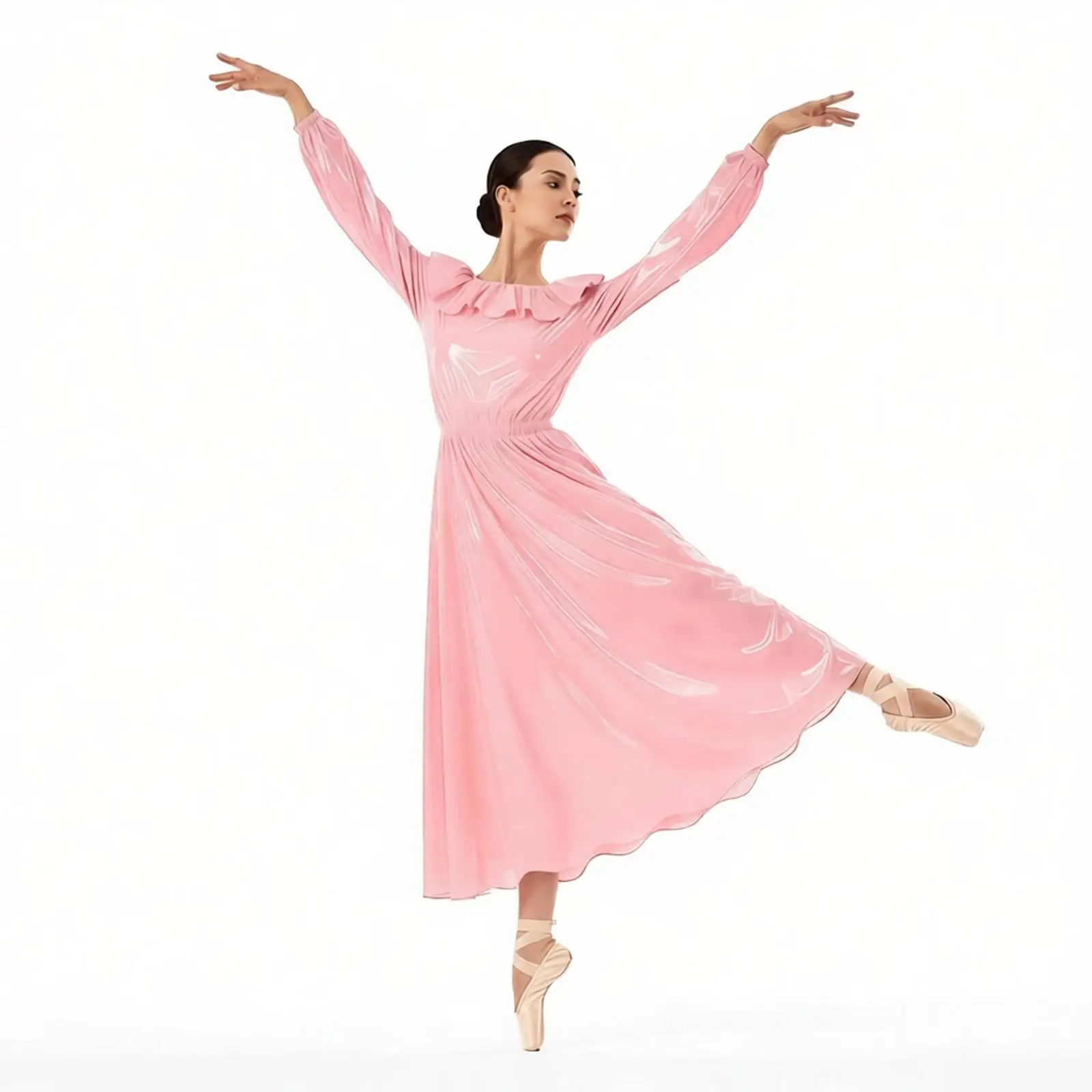 Women Waterproof Vinyl Dress Ruffled Trim Long Sleeve Dress Cinch Swing Hem Long Dress for Summer Party Festival Dance Clubwear