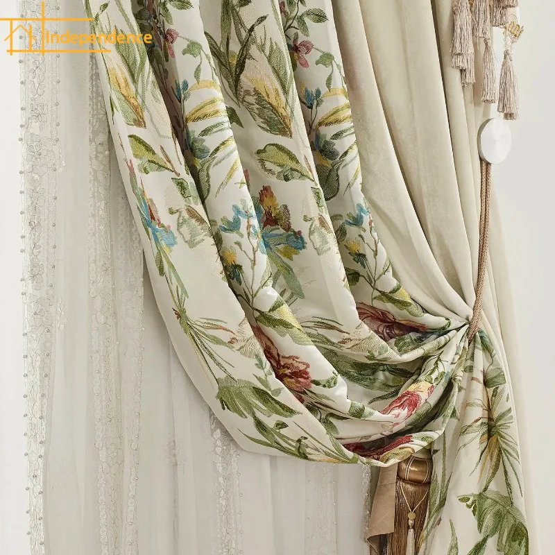 

French Plant Flower Jacquard Rice White Velvet Splicing Curtains for Living Room Bedroom Villa Custom Partition Curtains Valance