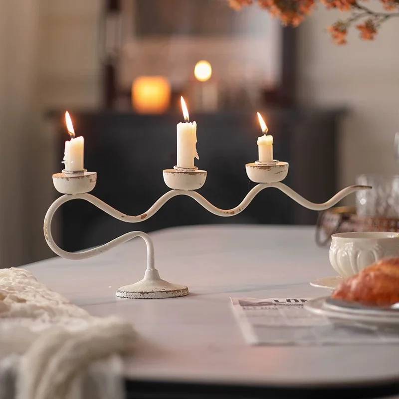 

Vintage Wave Design 3-Candle Holder, White, Black, Distressed Metal, 18.5x3.5x6.3 Inch, Modern Decorative Candlestick Stand for
