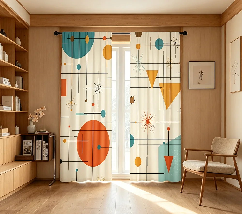 2PCS Digital Printed Curtains, Mid Century Atomic Retro Geometric Pattern, Window Drapes for Living Room Bedroom Home Decoration