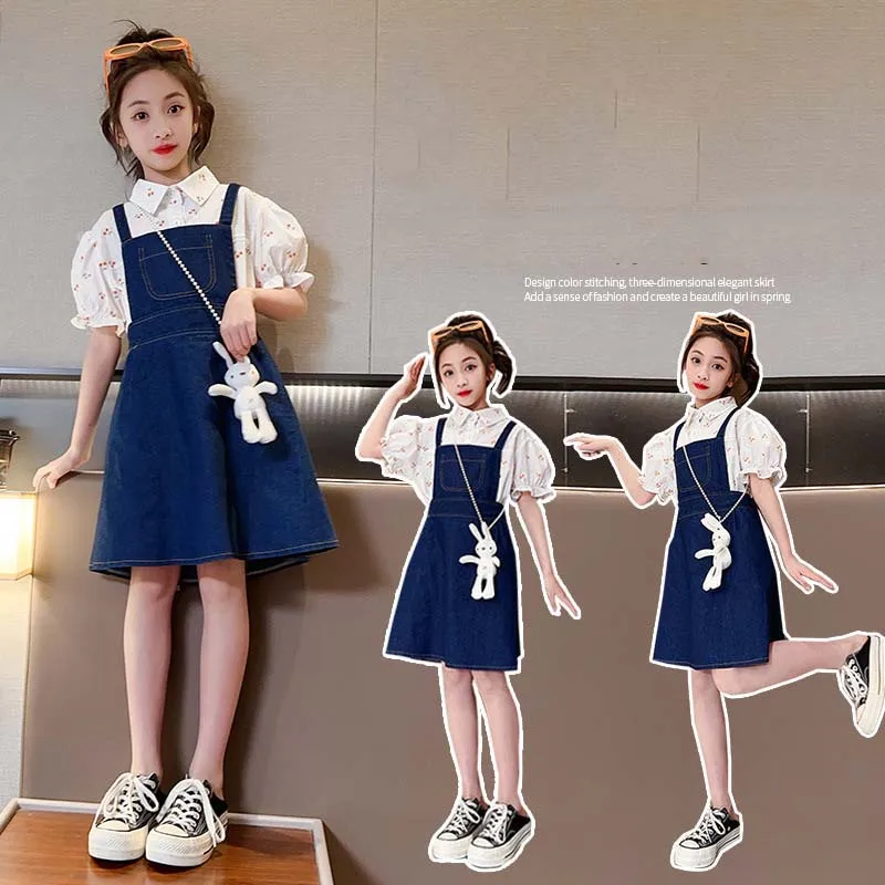 

2024 Korean Summer School Girl 2PCS Clothes Set Children Girl Cherry Bubble Sleeve Shirt+Denim Suspender Skirt Set For Girls