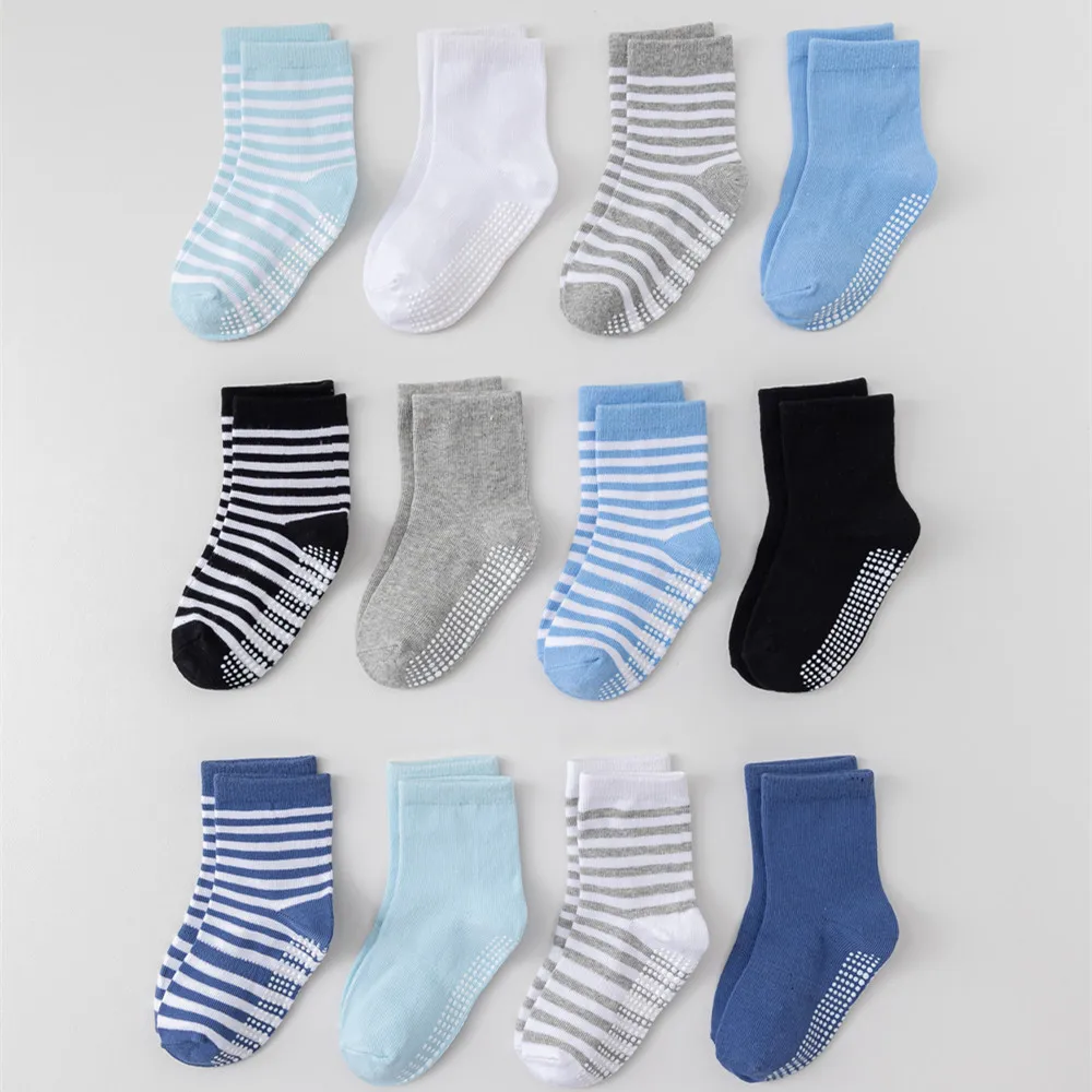 

12 Pairs Baby Non Slip Sock Boys Girls Anti Skid Soles Unisex Newborn Infants Toddlers Grip Crew 0 to 7 Yrs Cotton Socks Kids