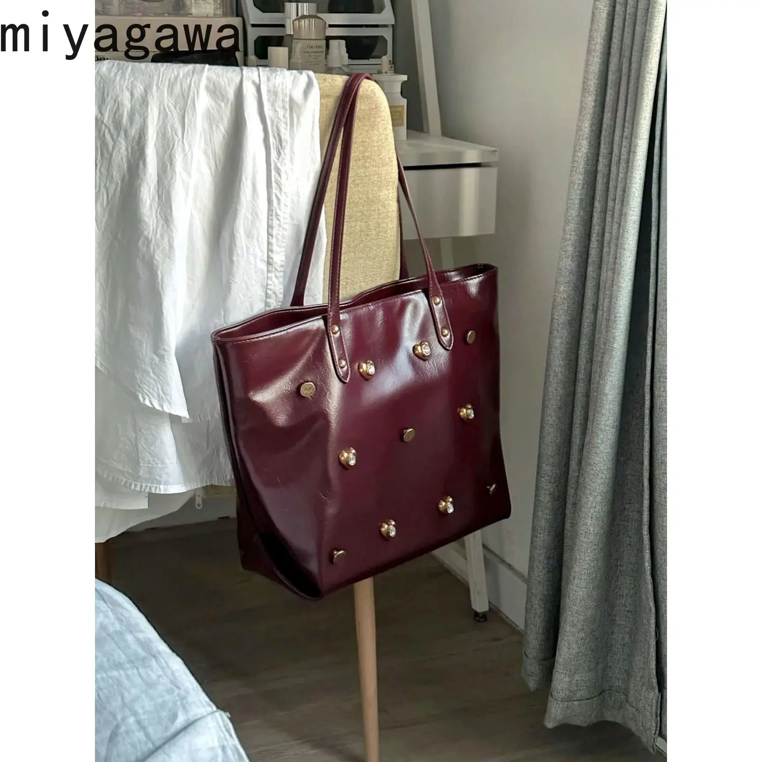 Miyagawa Retro Wine Red Large Capacity Oil Wax Skin Diamond Tote Bag Autumn Winter Commuter Handheld One Shoulder Underarm Bags