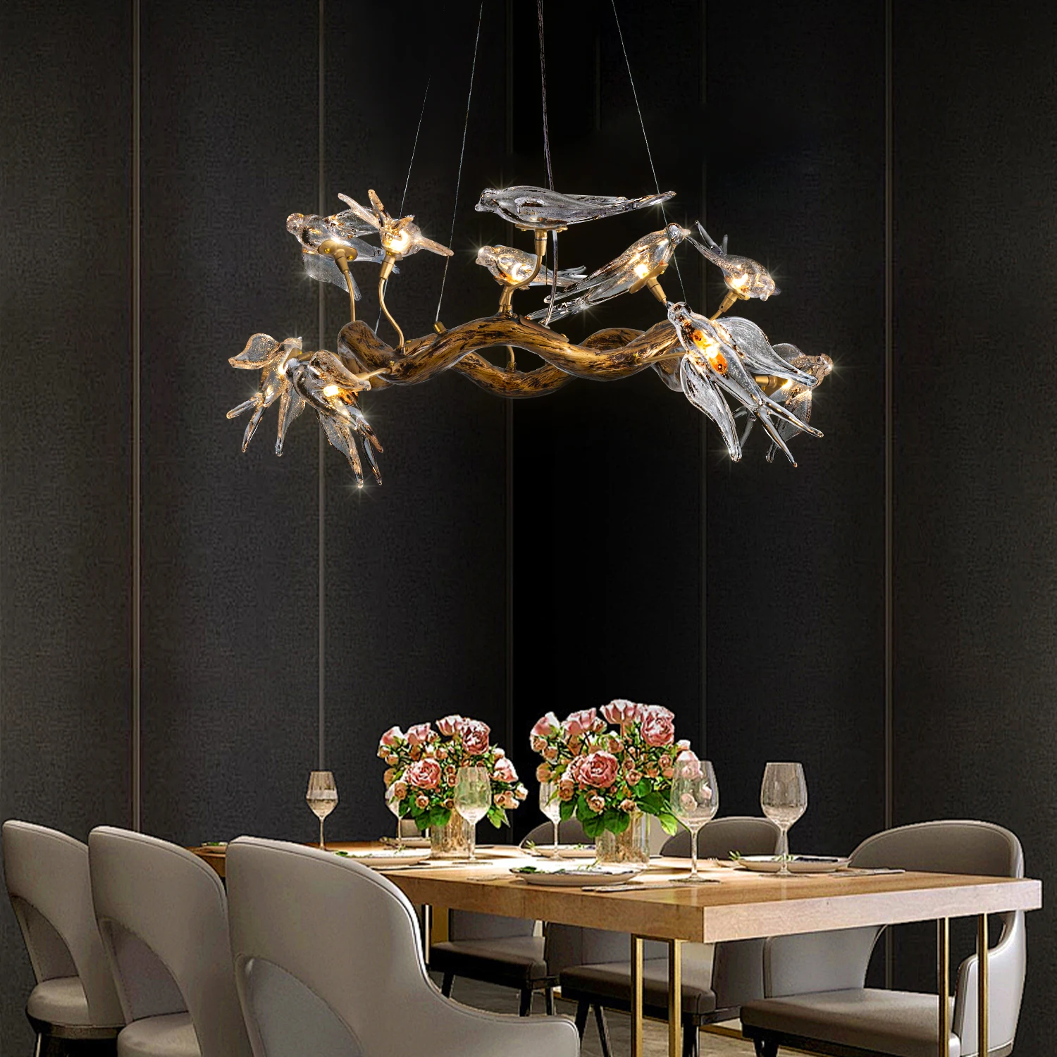 

Vintage Round Glass Bird Ceiling Chandelier Swallow Long Dining Table Living Room Luxury Branch Pendant Chandelier Lamp Designer
