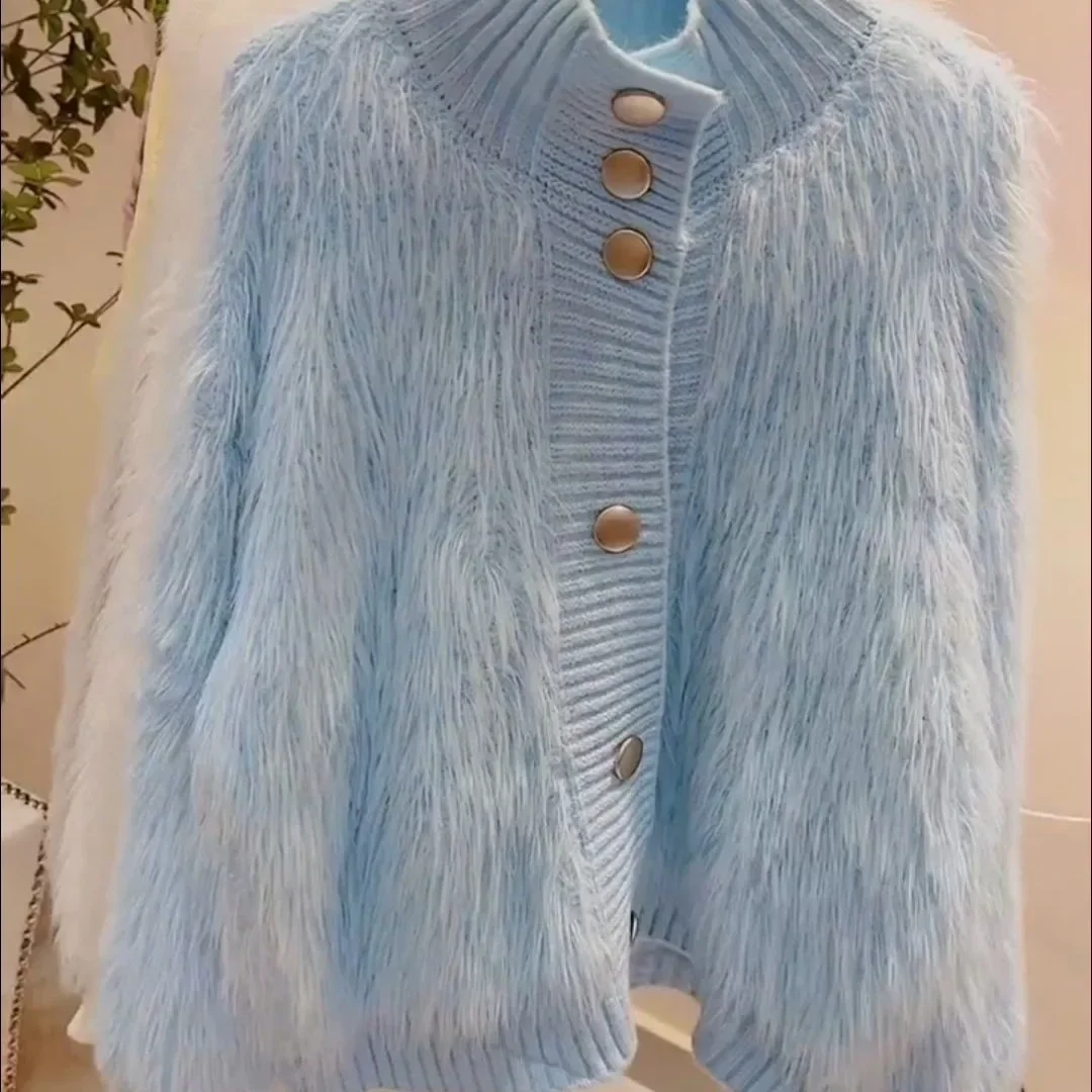 Moda toque francês sem manga botão detalhe elegante camisola de pescoço alto feminino solto ajuste de malha topo chique estilo preguiçoso