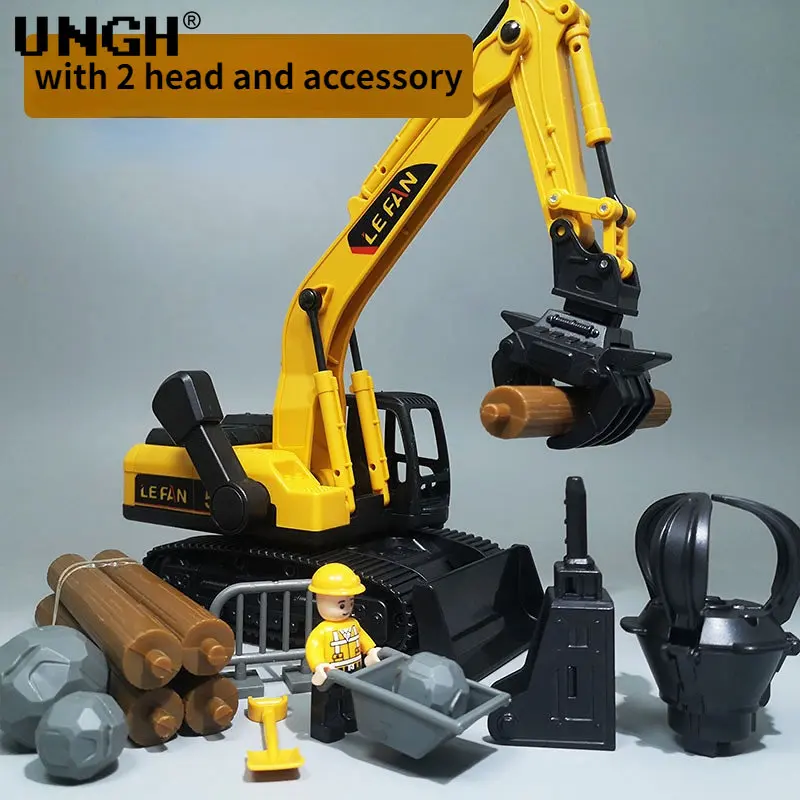 UNGH 1:26 Simulation Diecast Crane Car Model with 3 Head Drill Excavator Inertial Truck Children Kid Boy Engineering Vehicle Toy