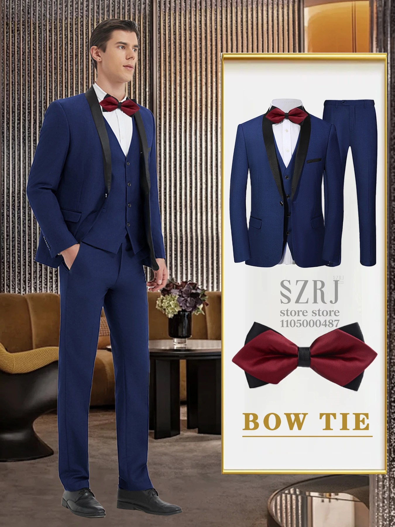 

Men's 4-Piece Formal Suit: Jacket + Vest + Pants + Bow Tie, Shawl Collar, 1-Button, Flap Pockets, Wedding/Party