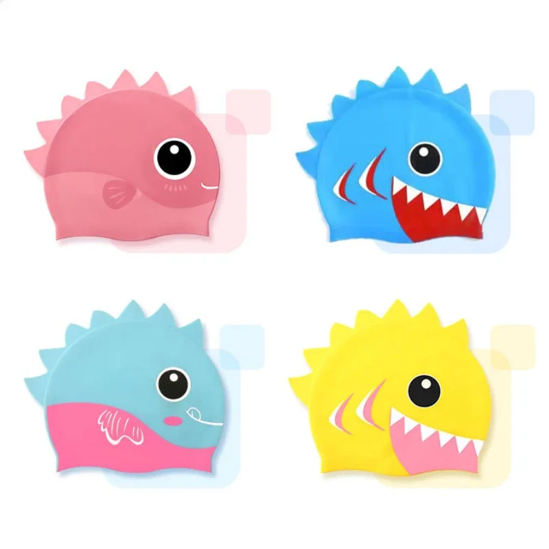 Cartoon Cute Fish Shark Shape Silicone Swimming Cap for Children Protect Ears Swim Hat for Boys Girls Swimming Pool Accessories