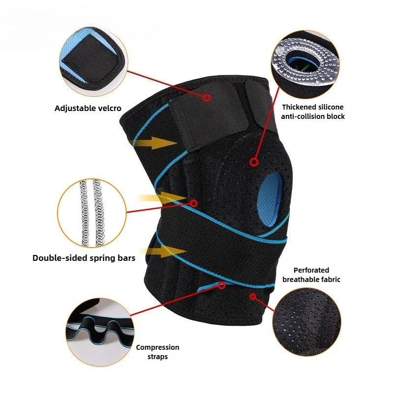 Sports Knee Brace with Breathable, Adjustable Straps, Compression Silicone Spring Support for Outdoor Activities