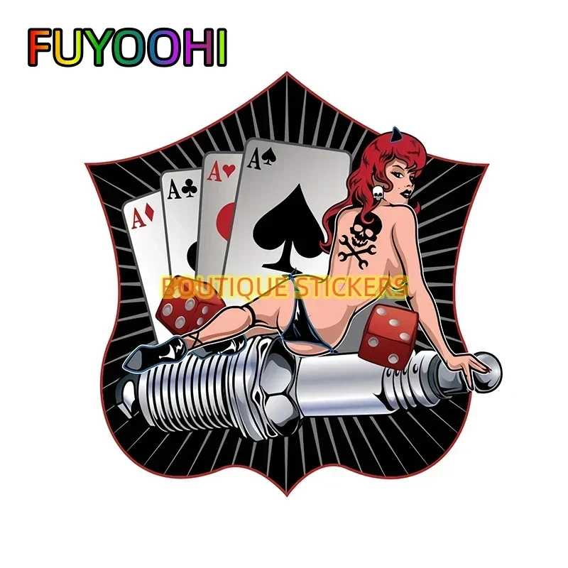 FUYOOHI Boutique Stickers Retro Spark Plug Ace of Spades Pinup Decal Sexy Girl Cartoon Sticker JDM Waterproof Car Accessories
