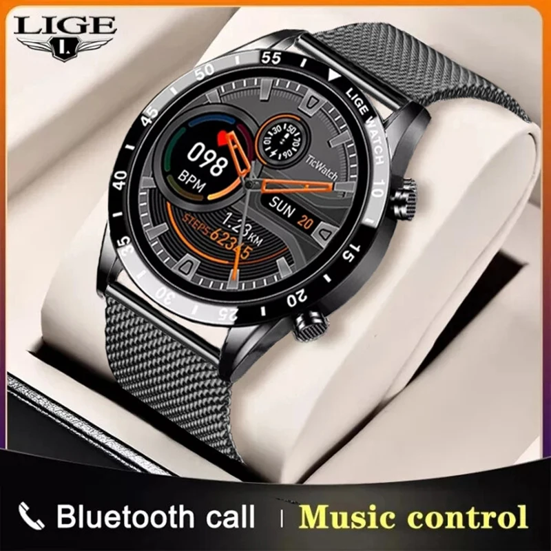 

LIGE 2024 Full Circle Touch Screen Steel Band Luxury Bluetooth Call Men Smart Watch Waterproof Sport Activity Fitness Watch+Box