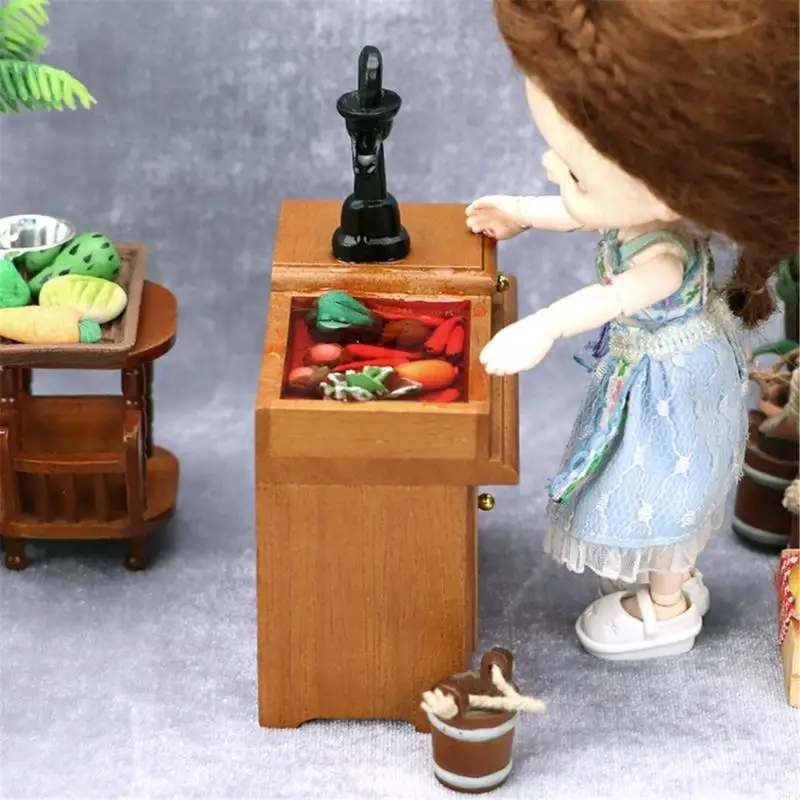 

Miniature Water Sink Faucet Cabinet For 1/12 Scale Doll House Landscape with Storage Compartment Realistic Detail