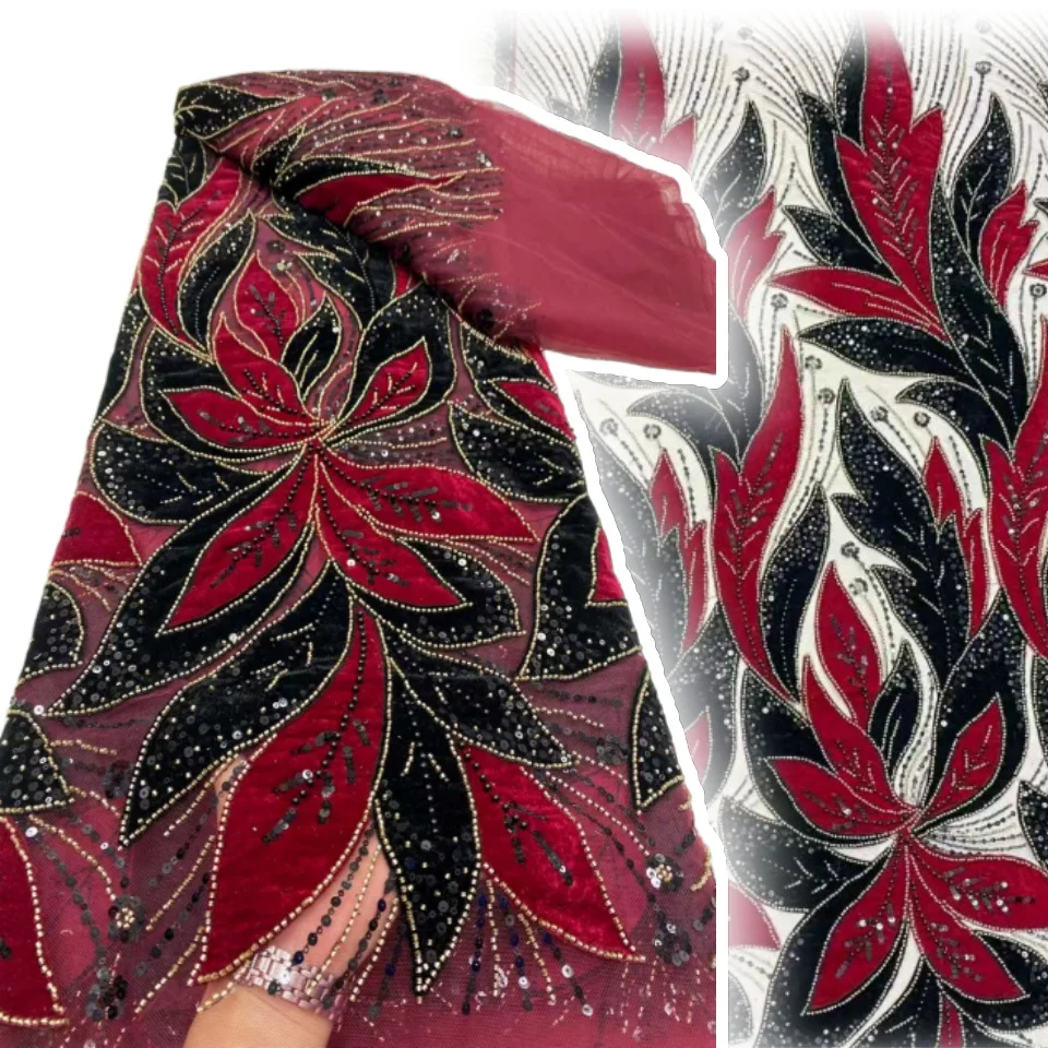 

Бархатная вышитая кружевная ткань с бусинами 2025, высокое качество, Африканская французская сетчатая ткань с блестками, тюль, кружево для свадебного платья S1184