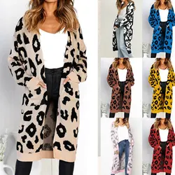 Women Vintage Leopard Print Long Cardigan Elegant Harajuku Knitting Sweater Jackets Autumn Winter Oversized Coat Knittwear 2023