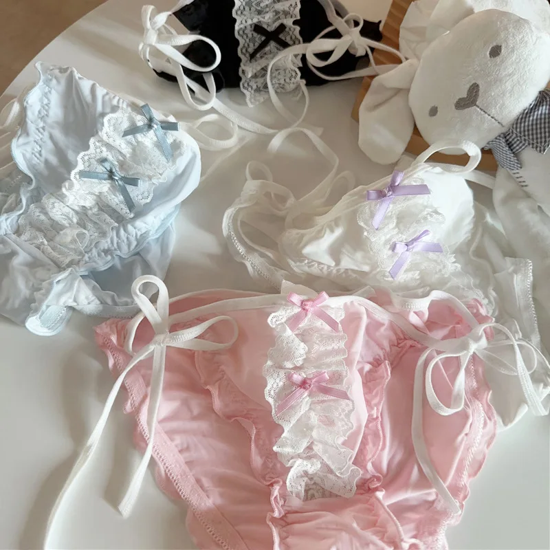 Women's Cute Ice Silk Lolita Panties, Bow Lace Ruffle Low Waist Lace Up Breathable Briefs, Multi-color Sweet Soft Girl Underwear