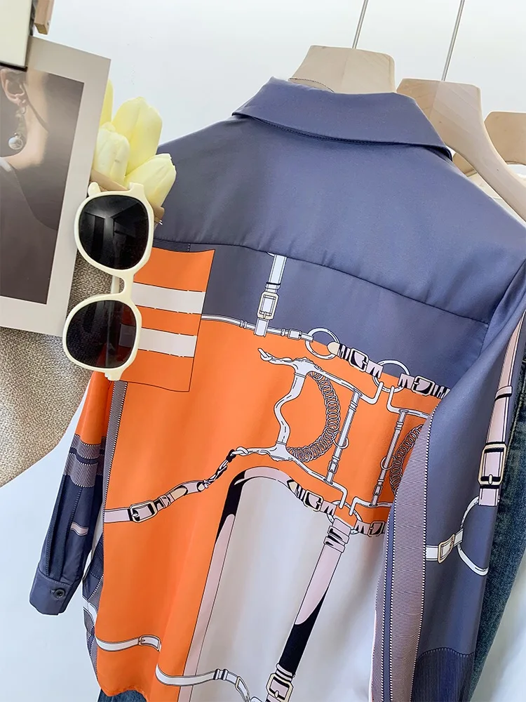 Luxury Brand Design Imitation Silk Orange Grey 2025 Spring Summer Long Sleeves Shirt For Women Elegant Fashion Lady Top Clothes image 2