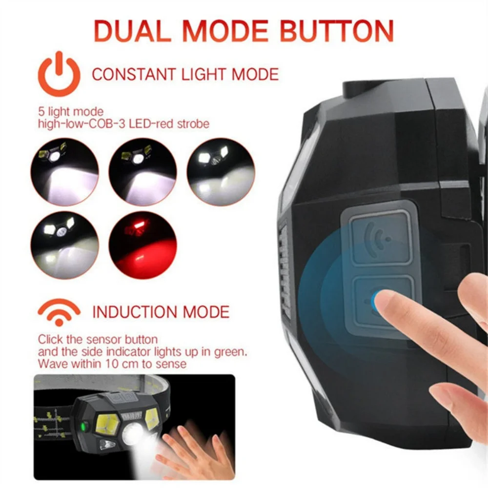 5 modes of waterproof torch, high-power LED headlights, USB rechargeable motion sensor, LED COB flashlight