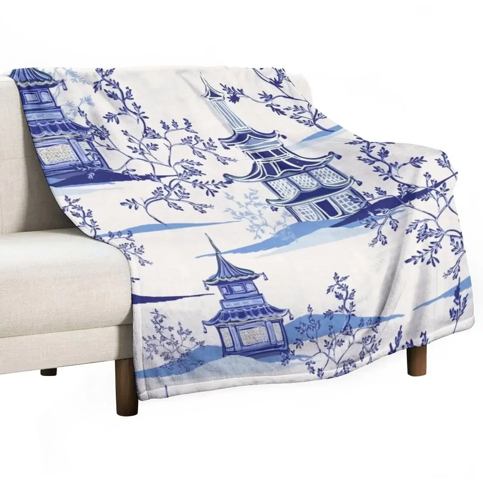 

Delft Blue and White Porcelain - Chinoiserie Vintage Tea House Garden Throw Blanket Polar Quilt Blankets