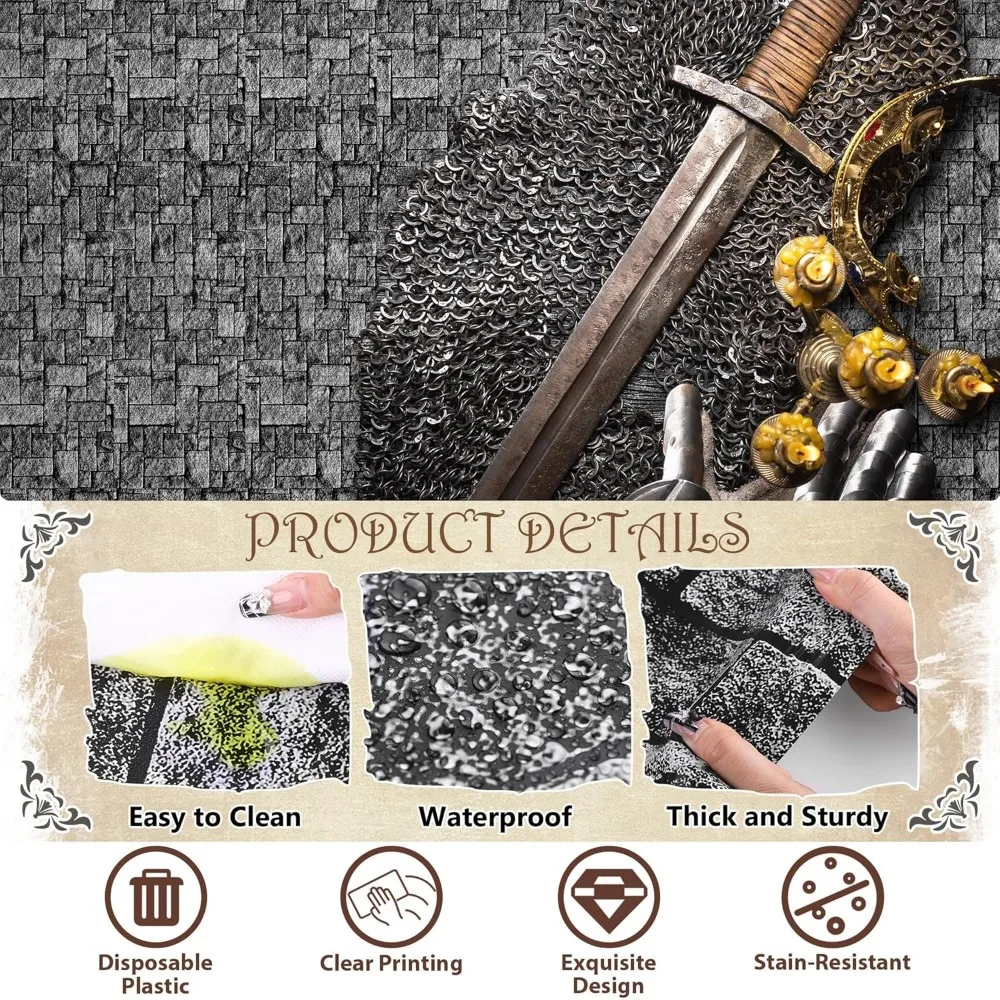 Rolo de toalha de mesa de plástico descartável - 300 pés x 54 polegadas, design de parede de pedra, cenário de piso de tijolo medieval, ideal para eventos e ou