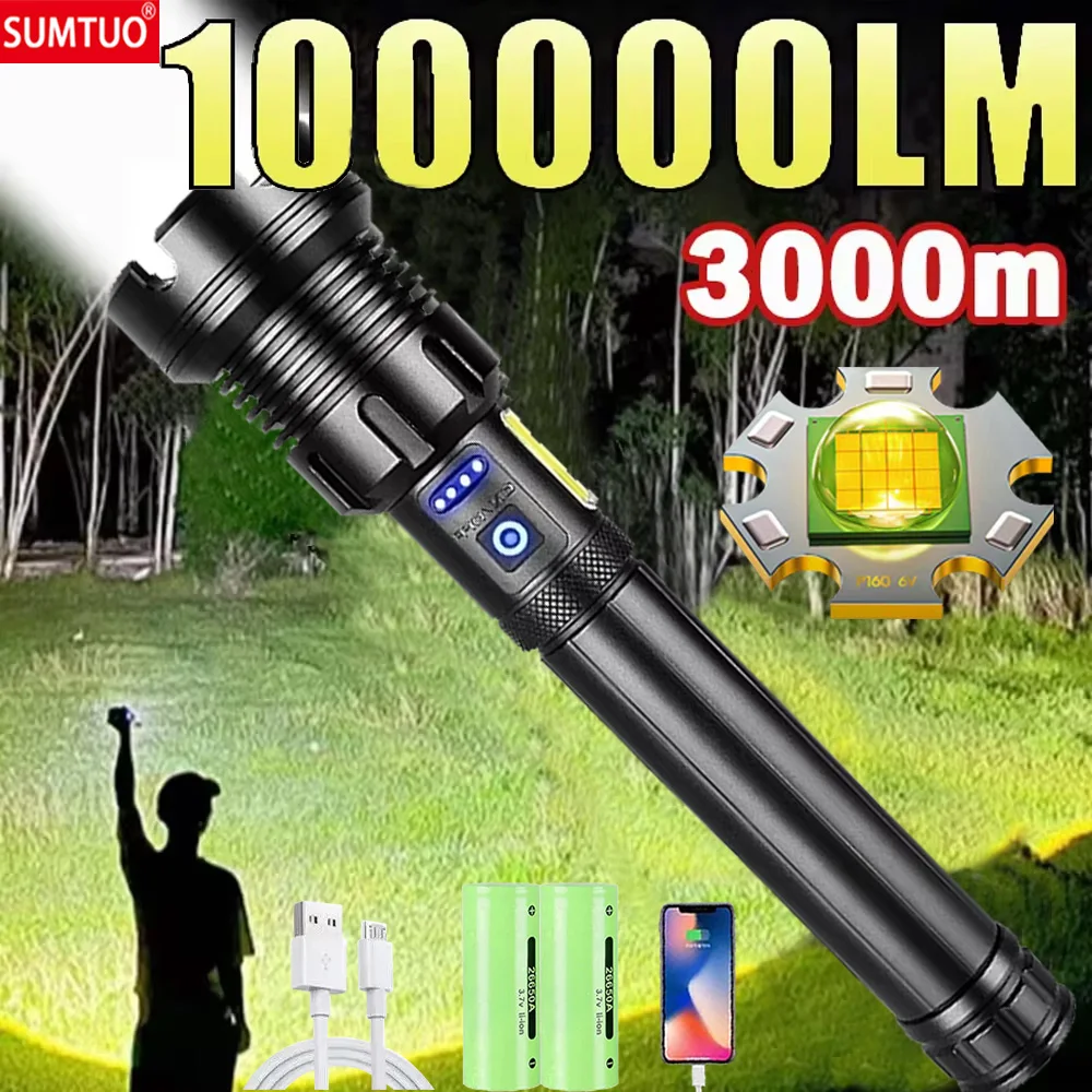 

1000000LM Most Powerful Led Flashlight Rechargeable 800W LED Flashlights High Power Zoom Torch Long Range 3000m Tactical Lantren