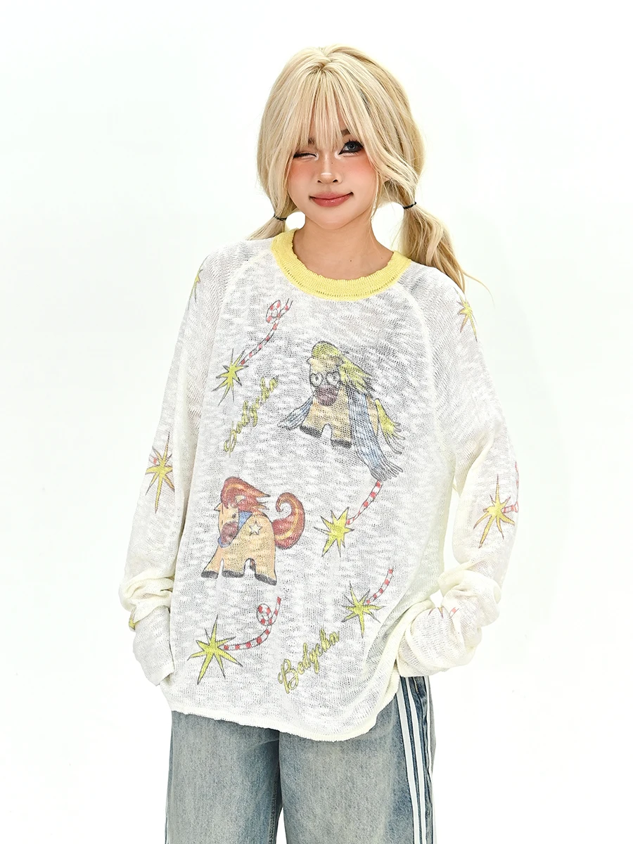 

Женская футболка Lazy American Sle с длинным рукавом, вырезами и мультяшным принтом, свободного кроя, весна 2026, уличный стиль, повседневная, с круглым вырезом