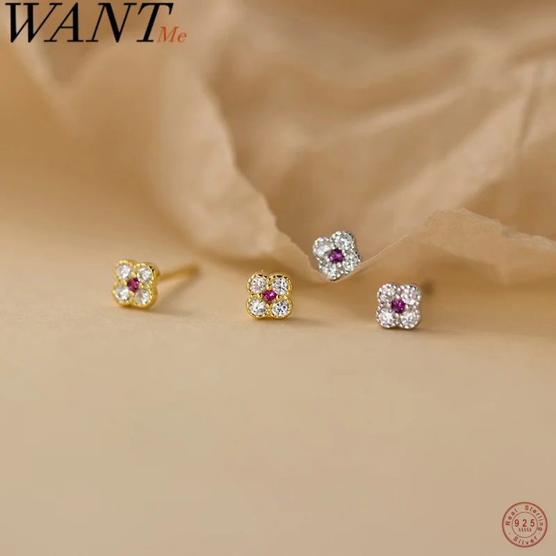 WANTME 925 Sterling Silver Trendy Sweet Four-petal Flower Small Stud Earrings for Women chic Korean Ear Bone Piercing Jewelry