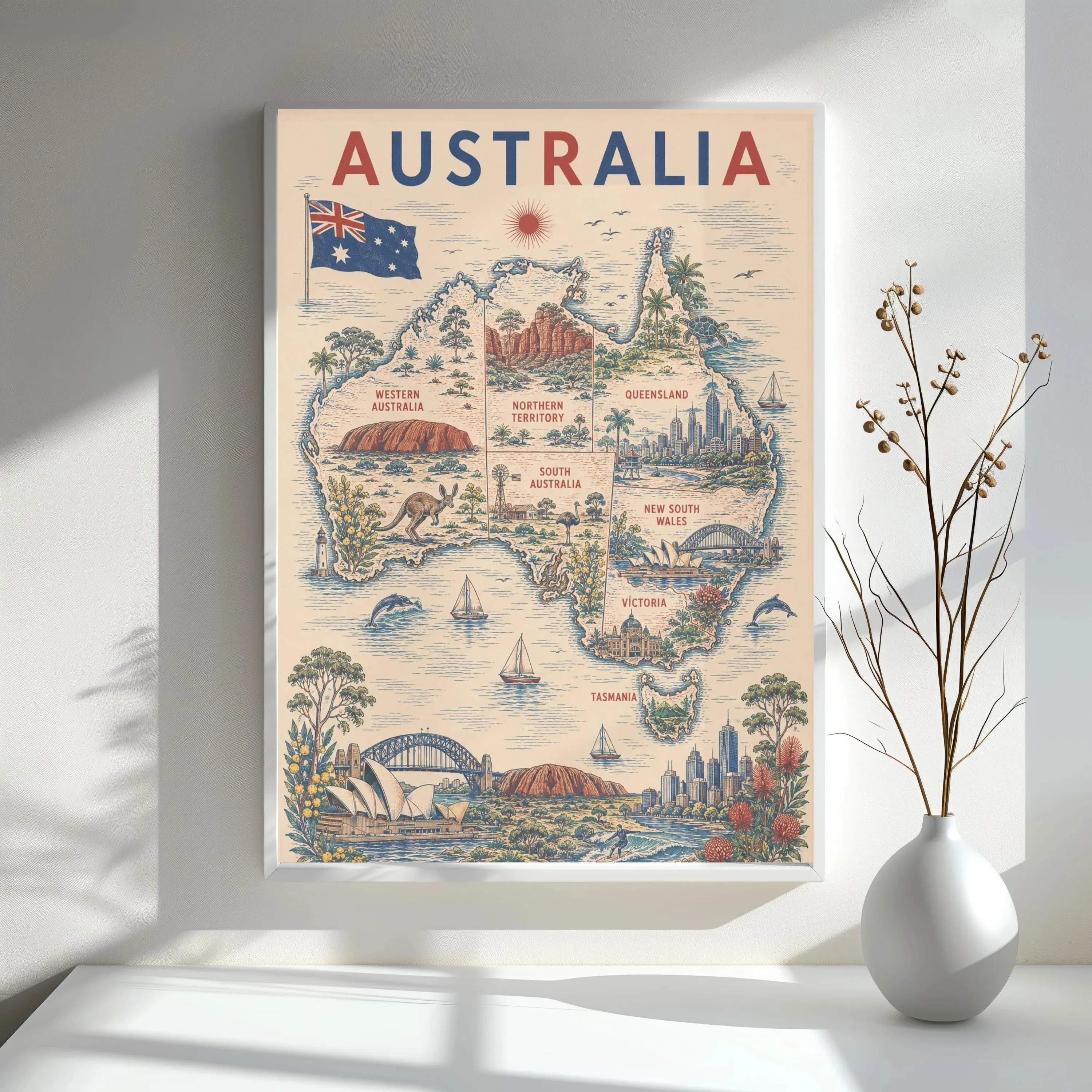 Vintage Country Map Canvas Wall Art USA Australia Germany Italy Landmark Illustration Poster Living Room Bedroom Home Decor Gift