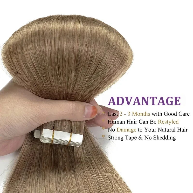 Tape In-extensiones de cabello liso sedoso para mujer, cabello humano 100% Real sin costuras, ceniza #8 Color marrón, 20, 40 piezas