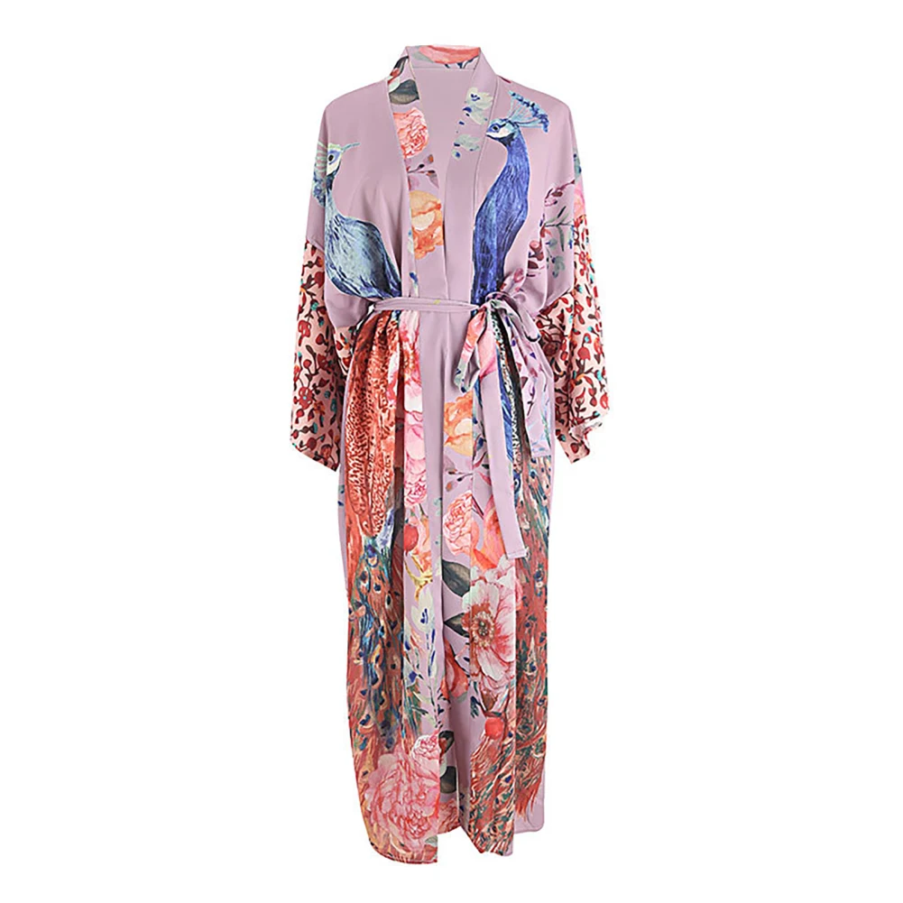 

Women Long Sleeve Beachwear Print Swimwear Cover Up Long Kimono Cardigan Loose Fit Cover Up Sunburn Protection