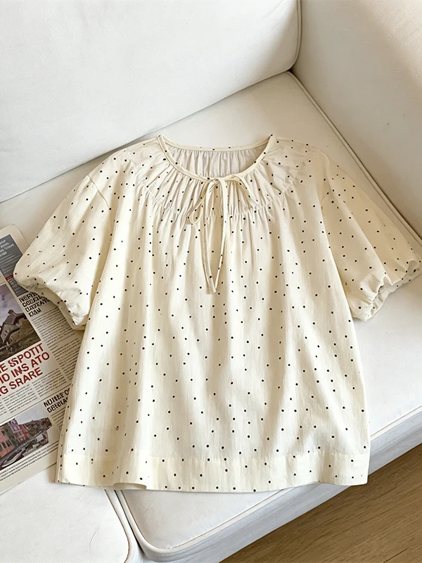 

Summer Polka Dot Bubble Sleeve Shirt Women's Vintage Loose Belted round Neck Short Sleeve Top Korean Style Commute Fashion
