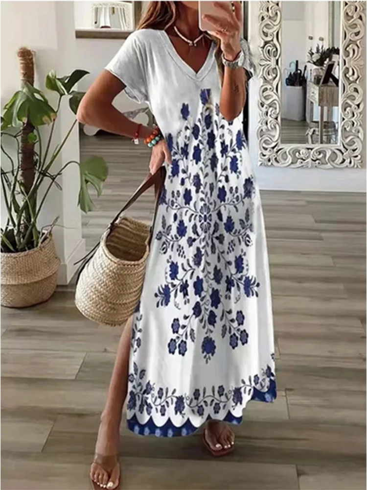 Trendy V-neck Printed Dress Women\'s Solid Color Pockets Casual Simple Beach Maxi Dresses