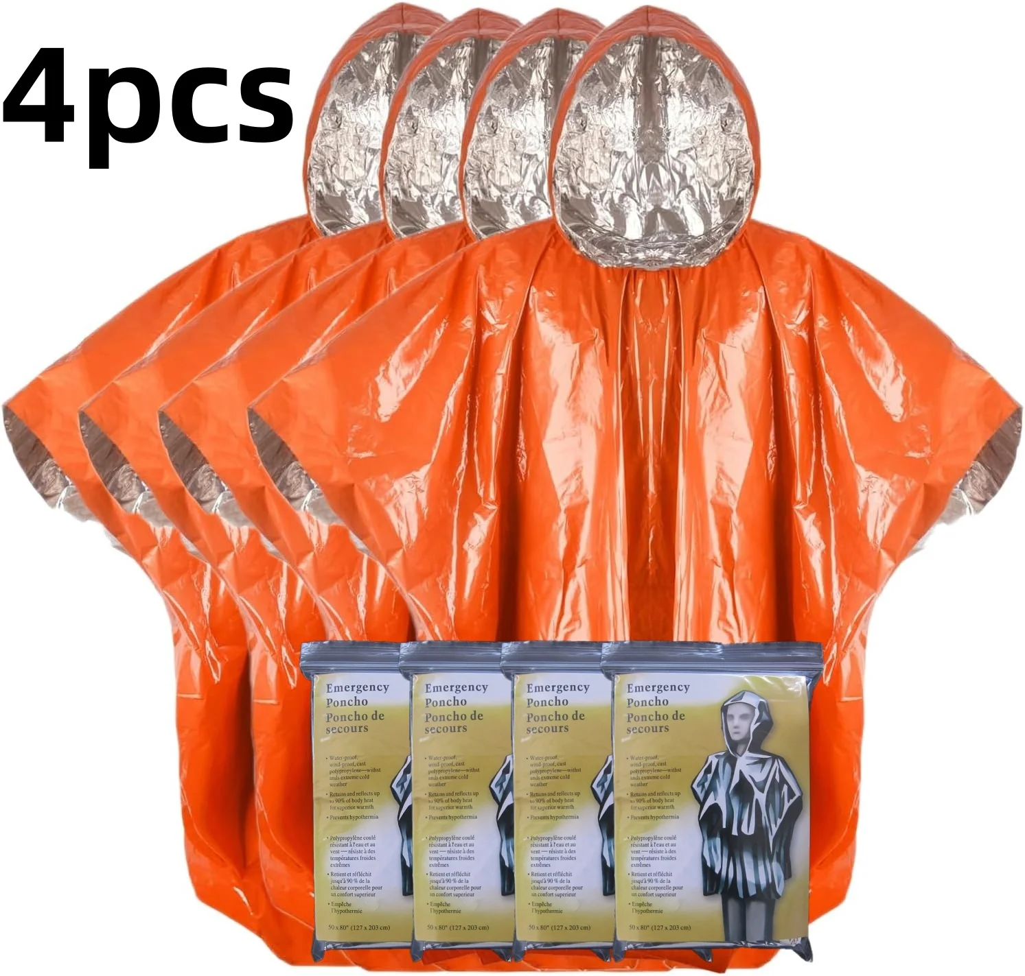 

Orange Mylar Space Blanket Survival Poncho 4 Pack, Lightweight Portable Emergency Gear Locking 90% Body Heat for Outdoor Camping