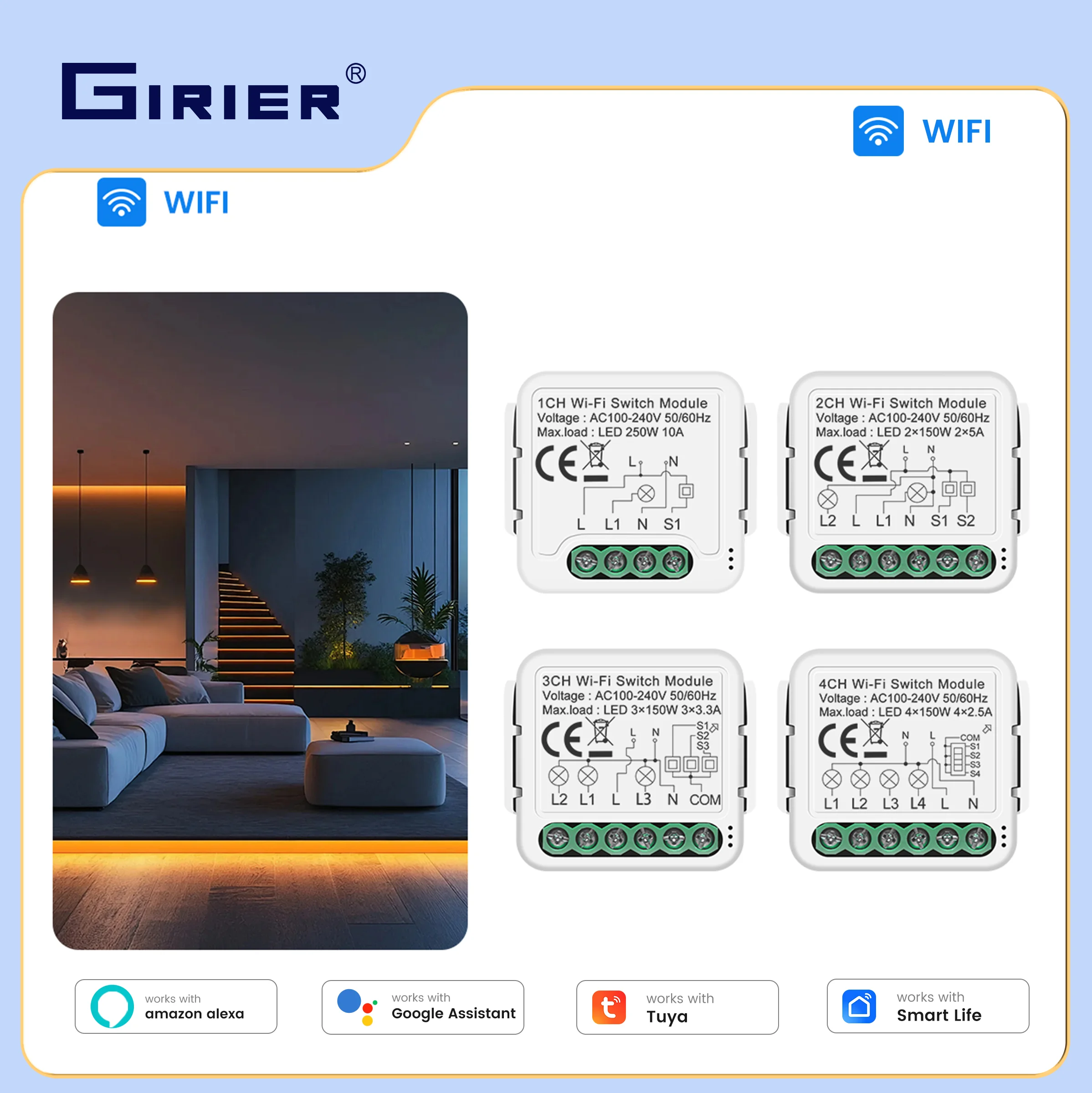 GIRIER Tuya Smart Switch Module 10A WiFi Breaker Relay 1/2/3/4CH Neutral Wire Required Supports 2-way Control Works with Alexa