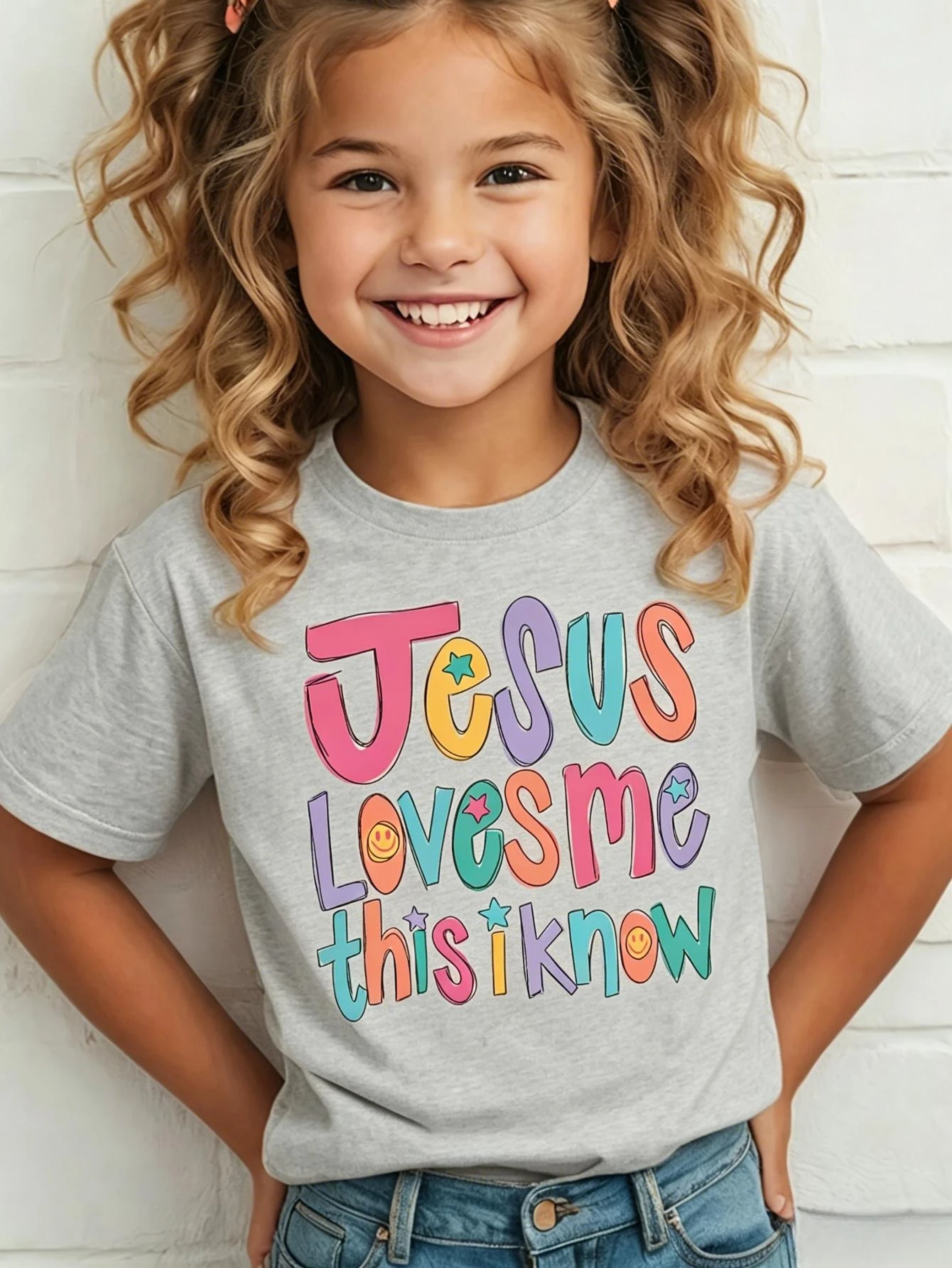 Boys Girls Jesus Loves Me This I Know Colorful Letter Print T-Shirt Round Neck Casual Comfort Kids Tee