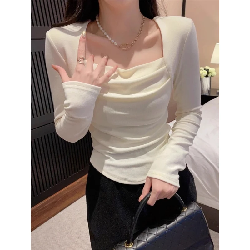 Women Clothing 2024 Spring Autumn Fashion Sexy Ruched Square Collar Basic T-shirt Y2K Female Casual Solid Long Sleeve Slim Tops