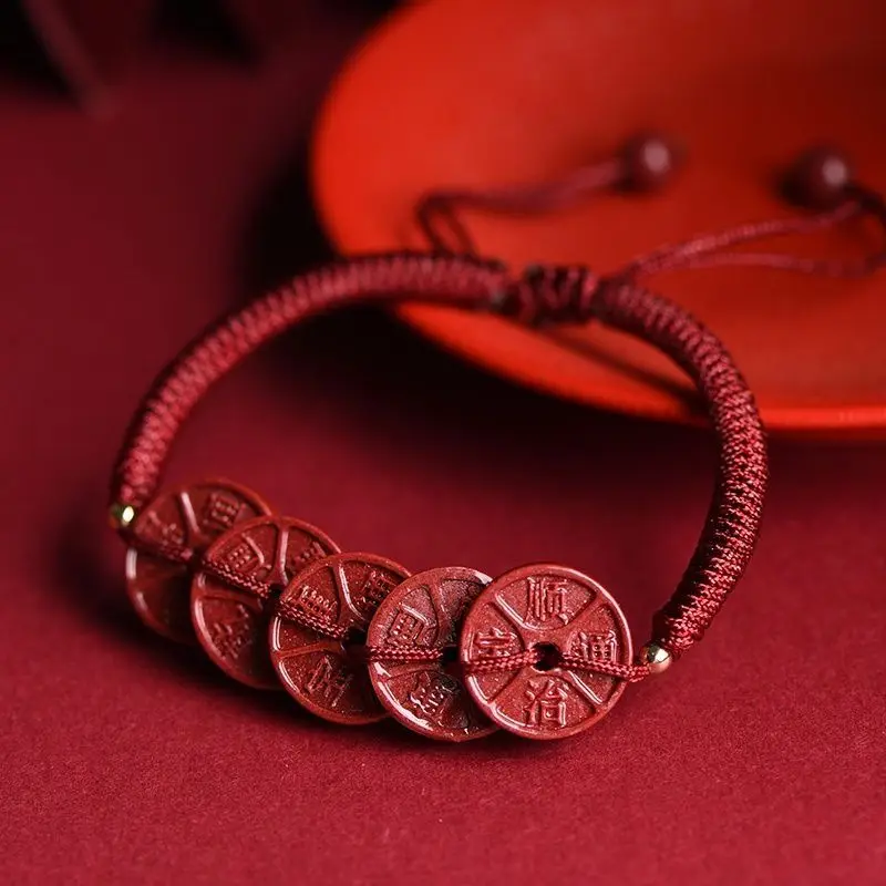 High Content Cinnabar Five Emperor Money Red Rope Foot Chain Female Bracelet Male Couple One Year of Life Hand Chain Foot Chain