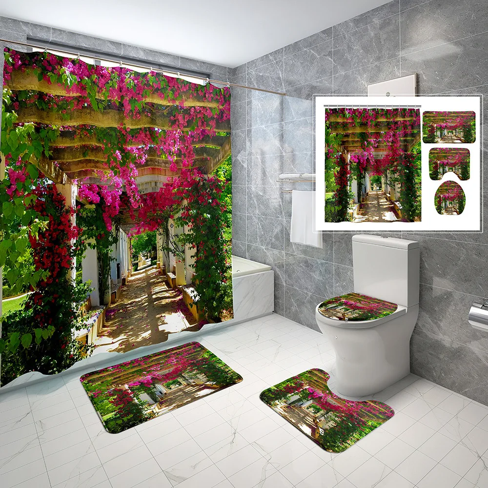 Tropical Rainforest Tree Shower Curtain Set Non-Slip Rug Toilet Cover Bath Mat Green Forest Natural Scenery Bathroom Curtains