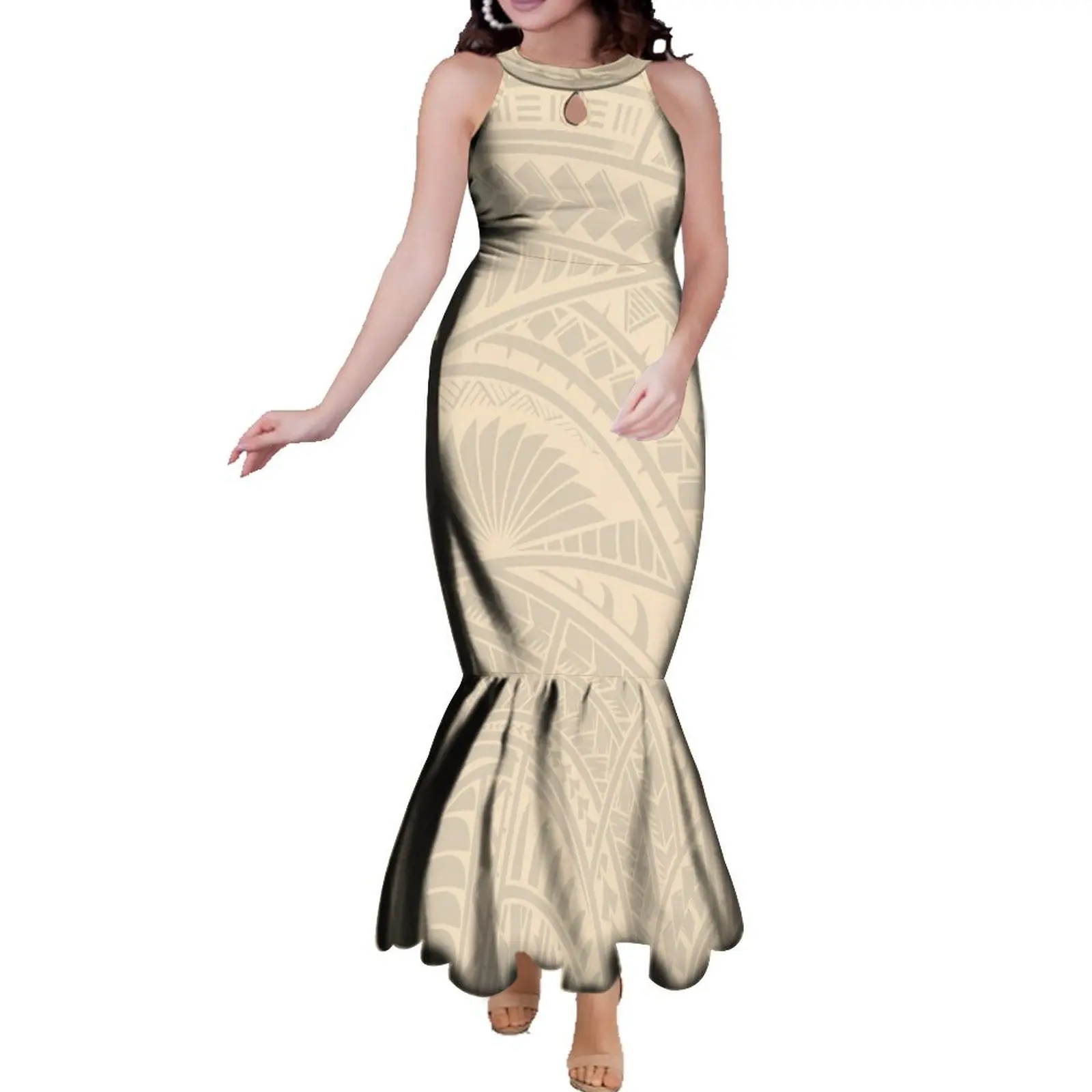 

Custom Tribal Ethnic Pattern Polynesian Elegant Temperament Fishtail Skirt Print Custom Summer Short Sleeve Women's Slim-fit Dre