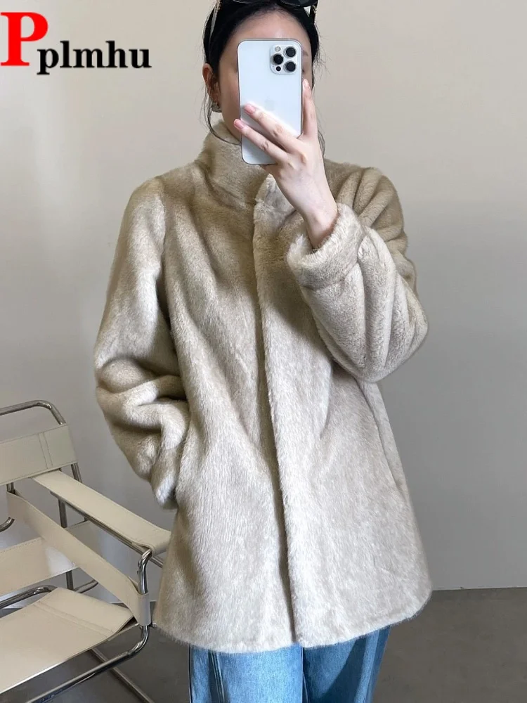 

Fur Warm Elegant Baggy Jackets Casaco Women's Casual Stand-Up Collar Thickened Chaquetas Fashion Loose New Tops Jaquetas