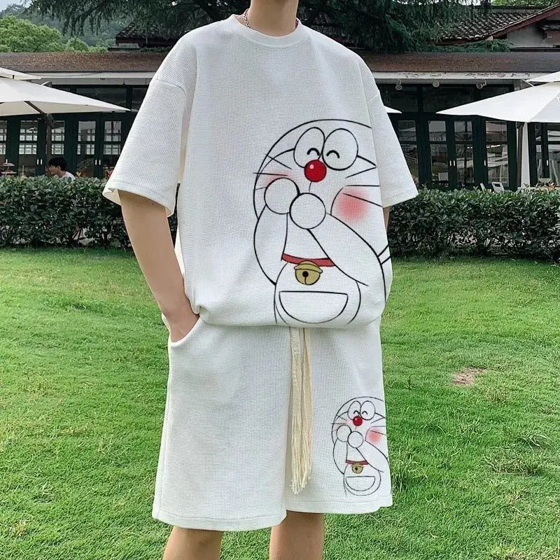 

Doraemon cartoon peripheral cartoon pattern couple outfit shorts two-piece set loose fashionable casual summer T-shirt suit