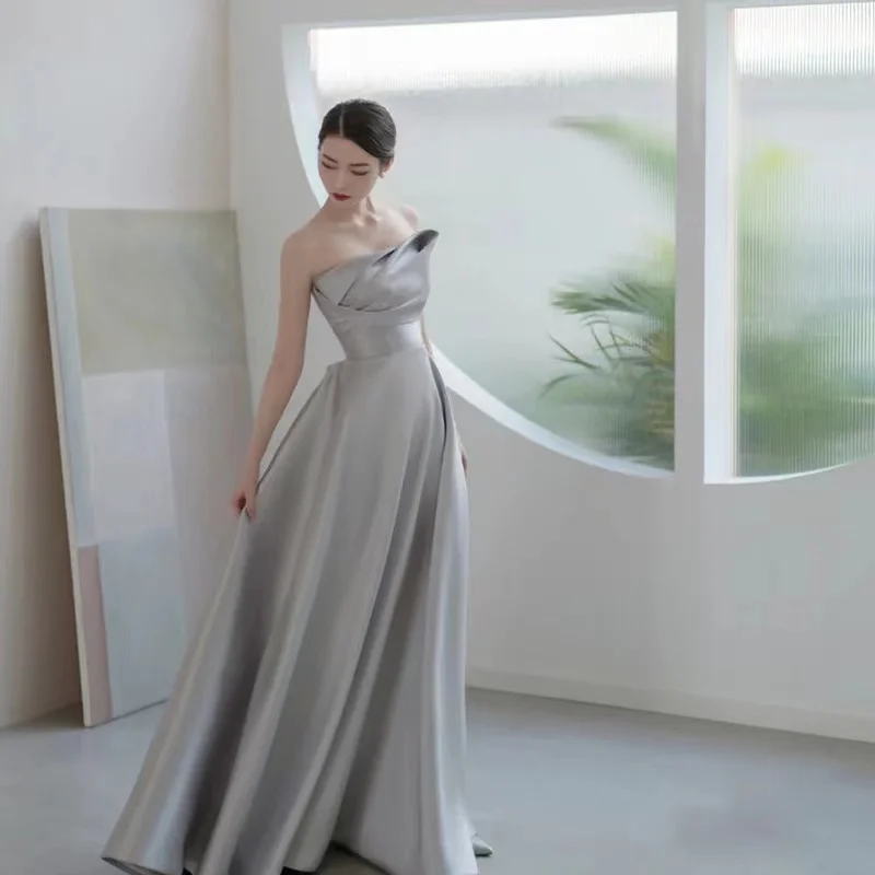 Silver Grey Strapless Bridesmaid Dress Sexy Off The Shoulder Lace Up Floor-length Princess Party Gown Custom Made Robe De Soiree