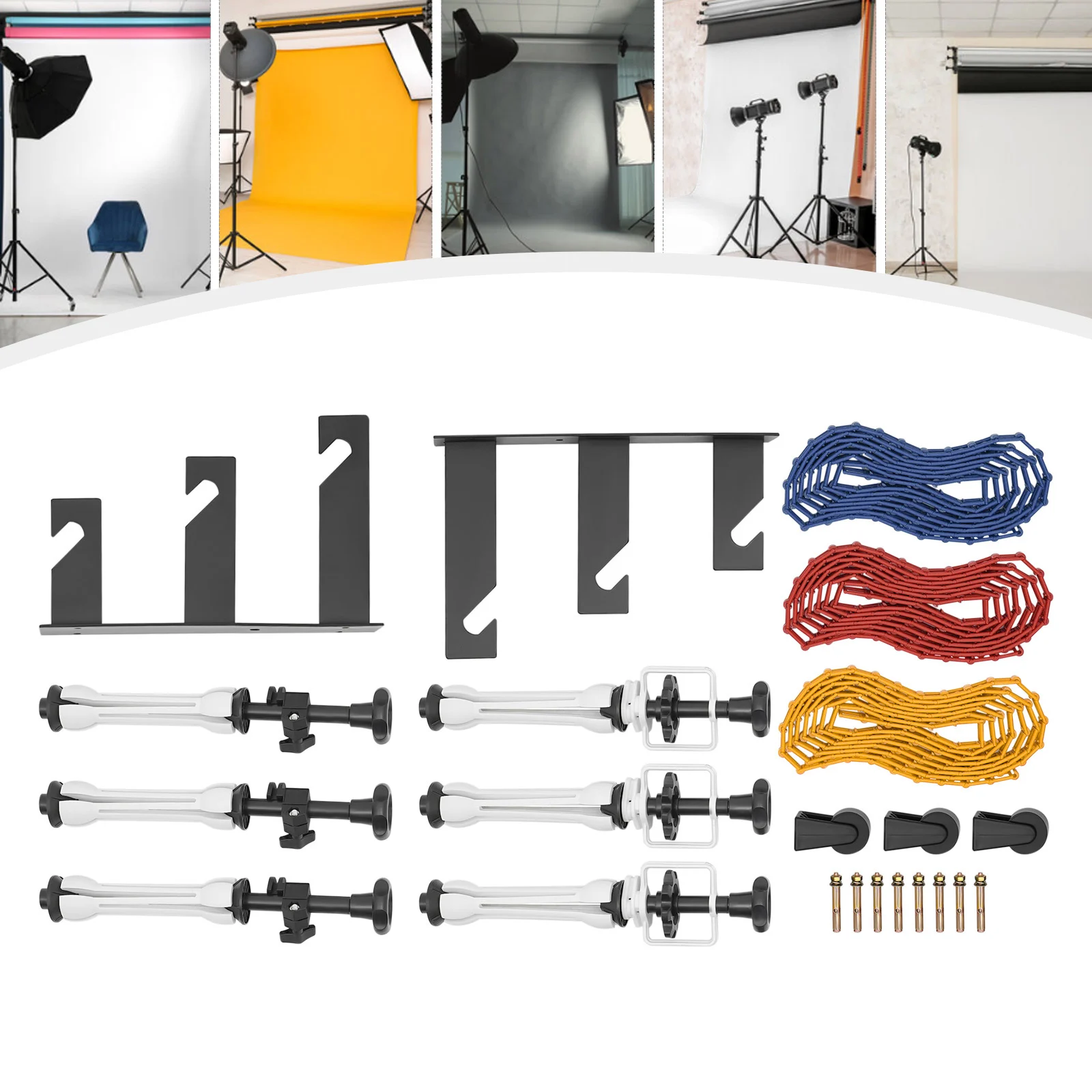 Fotografia 7: Sistema de Suporte de Fundo de 3 Eixos com Gancho e Elevação Manual para Cenários de Estúdio Fotográfico em Papel, Tecido e PVC - Kit de Suporte para Montagem em Teto e Parede