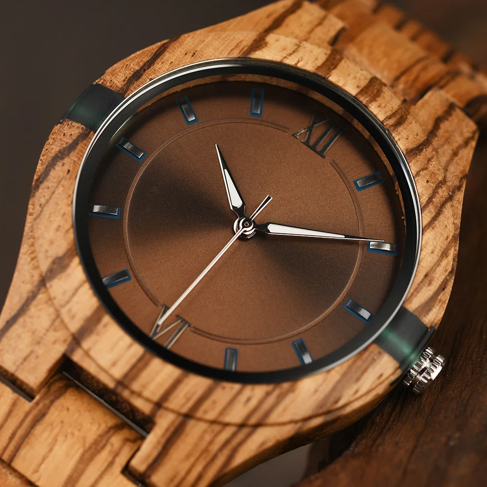 Zebrawood Wood Case Luminous Hands Minimalist Quartz Watch with Round Fold Clasp for Men