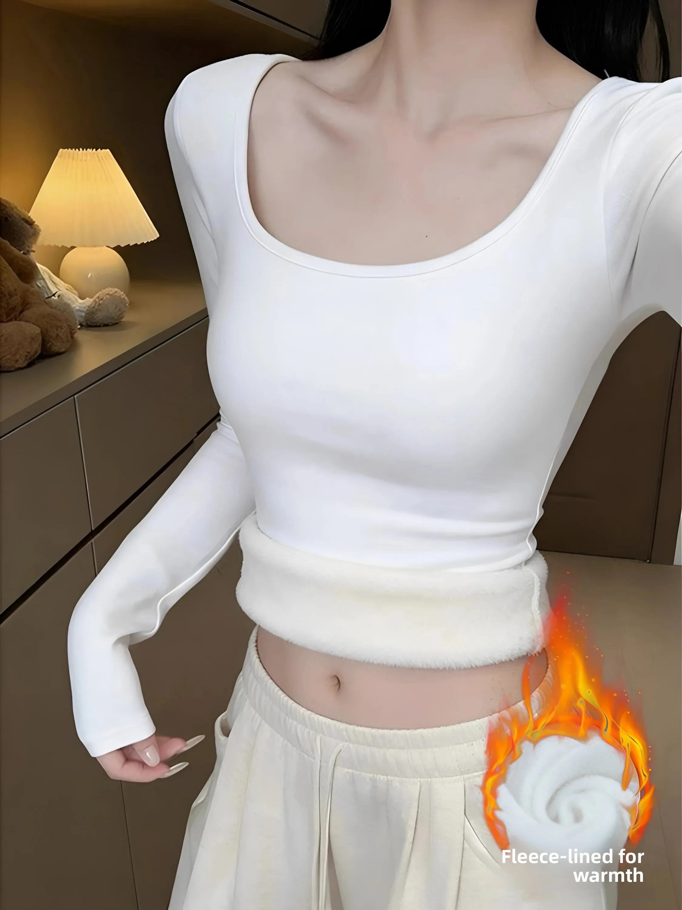Thickened Fleece Warm Base Shirt Women's Long Sleeve Slim Fit Inner Wear T-shirt Top High Elasticity Medium Softness Single L...