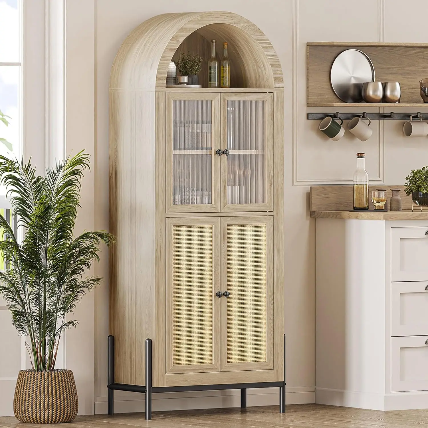 Tall Arched Kitchen Pantry Cabinet, 5-Tier Wood Storage Display Cabinet with Rattan and Reeded Glass Door