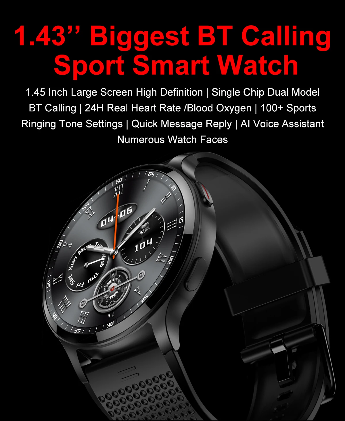 

Smart Watch 1.43" HD Bluetooth Call Message Reply IP68 Waterproof 100 Sports Heart Rate Blood Pressure 7Day Work Voice Assistant