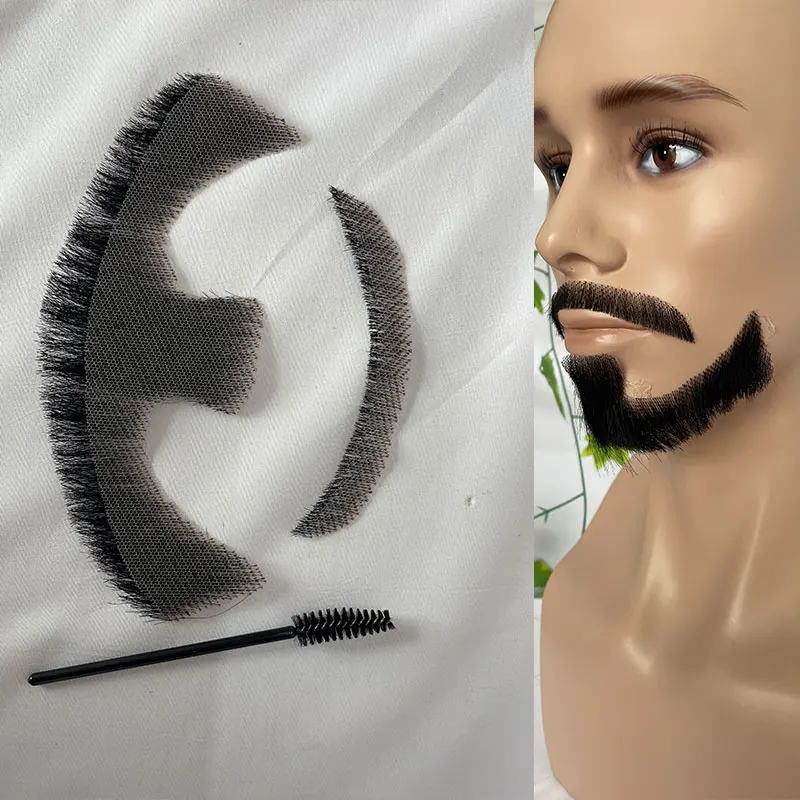 Barba curta artesanal real para homens, cabelo humano, barba invisível, renda suíça, barba falsa e bigode