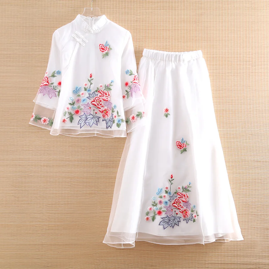 

High-end Women 2 Pieces Set Vintage Embroidery Loose Shirt Tops + Organza A-line Skirt Elegant Lady Suit Female S-XXL