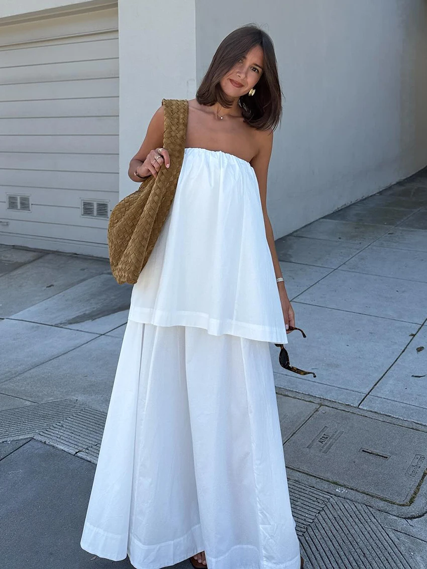 Marthaqiqi Cotton Ladies Nightgown Set Slash Neck Pajamas Tank Tops Nightwear Backless Sleepwear Long Skirts Casual Nightie Suit