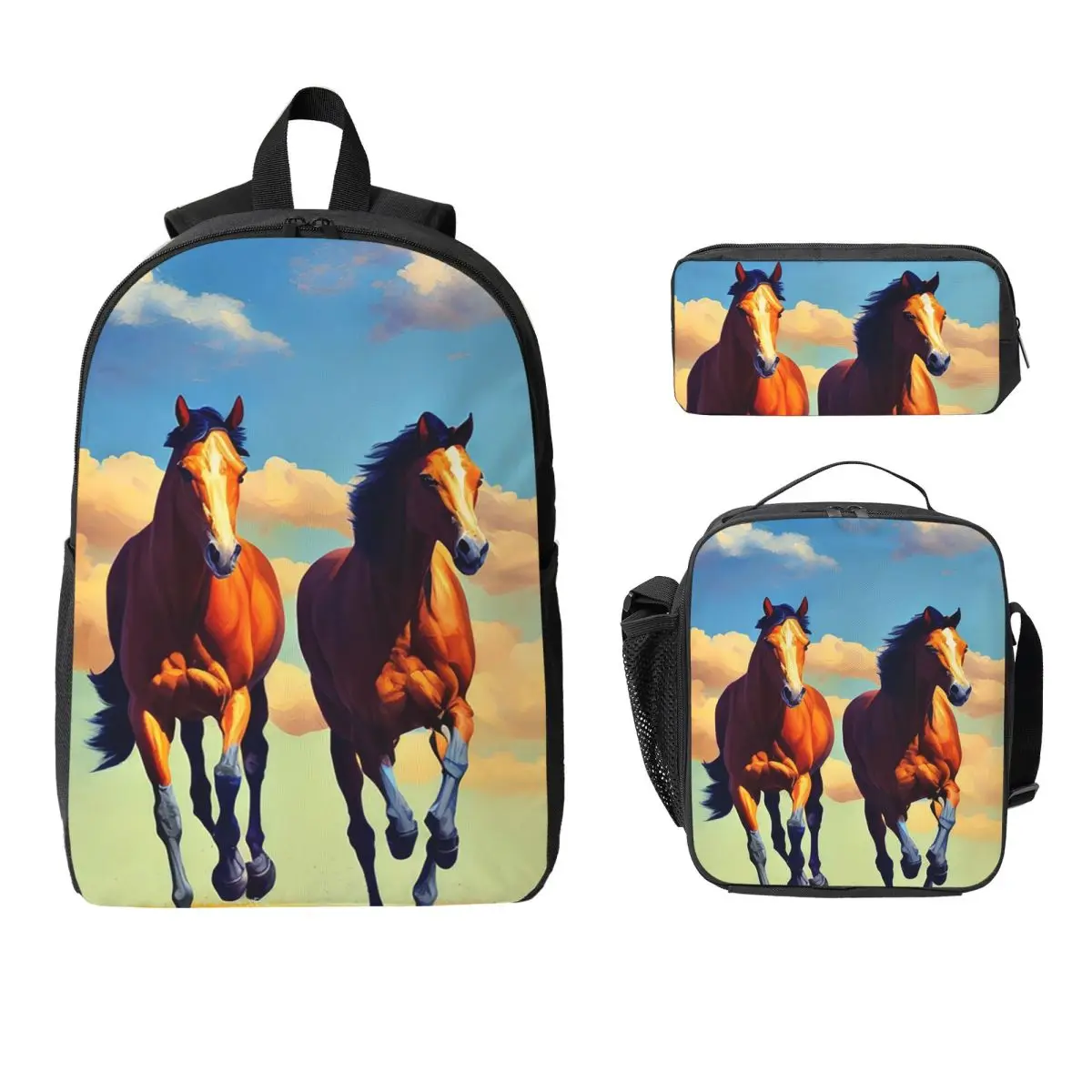 Running Horse And Equestrian Backpack Student BookBag School Bag Laptop Shoulder Bags 3ps Insulated Lunch Bag Pencil Case